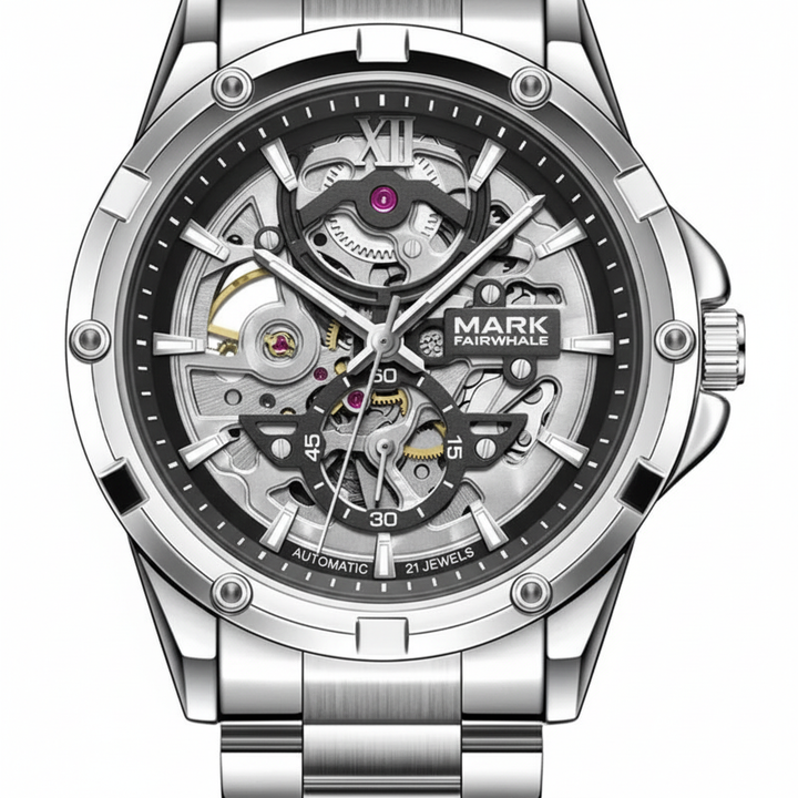 Silver watch with visible mechanism on a white background
