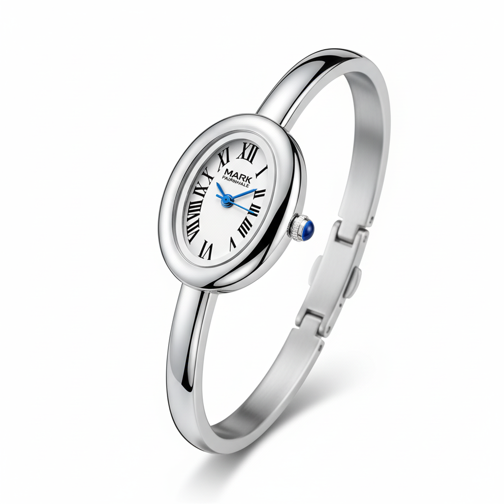 Silver watch with white face and blue accents on a white background