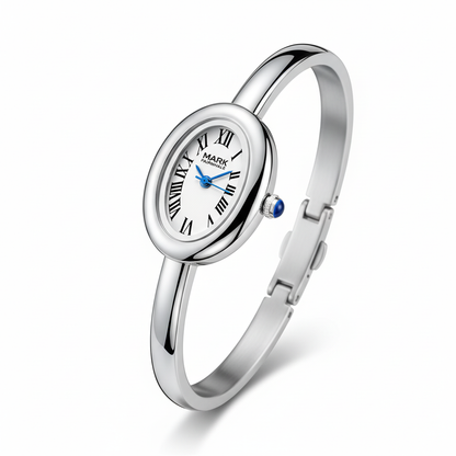 Silver watch with white face and blue accents on a white background