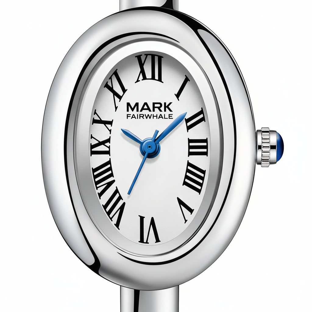 Silver watch with white face and blue hands on a white background