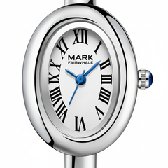 Silver watch with white face and blue hands on a white background