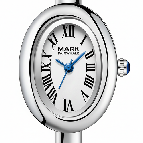 Silver watch with white face and blue hands on a white background