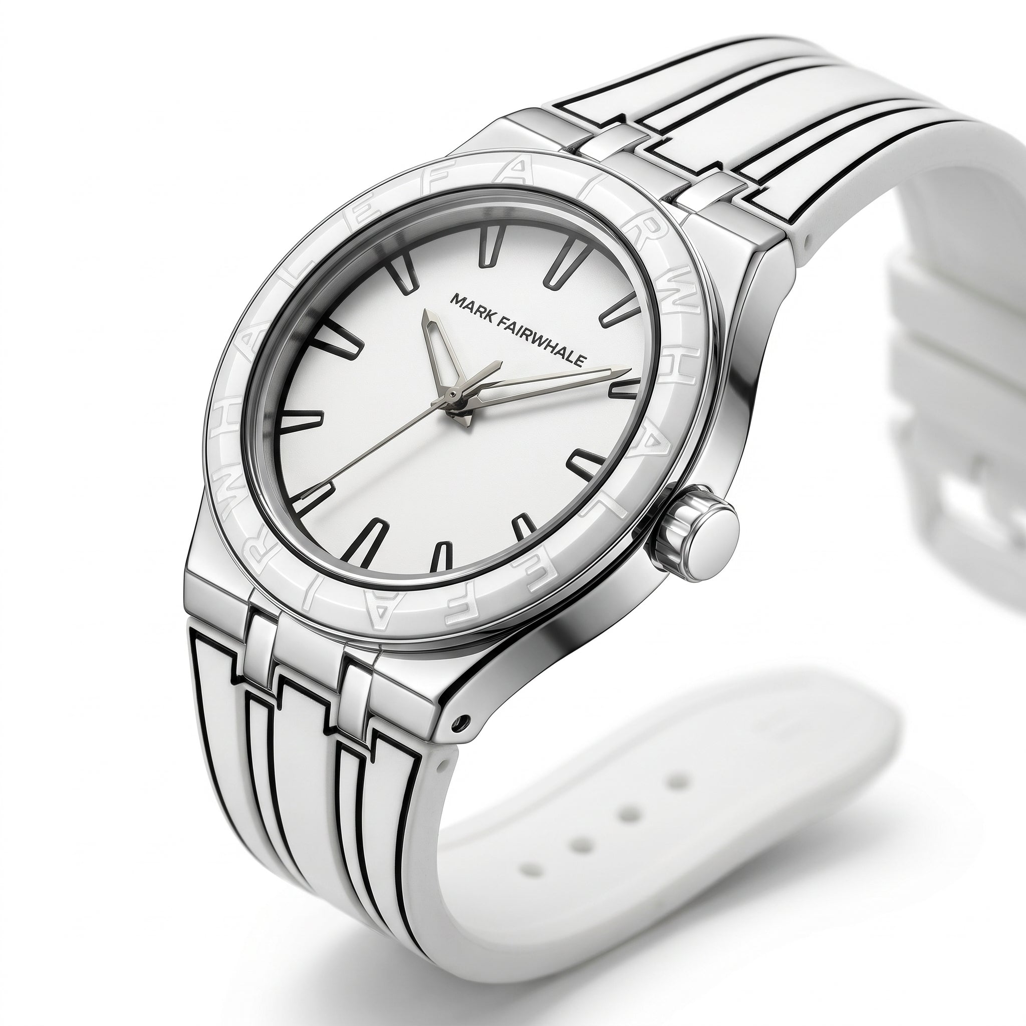 Silver watch with white face on a white background