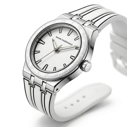 Silver watch with white face on a white background