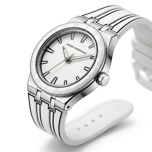 Silver watch with white face on a white background