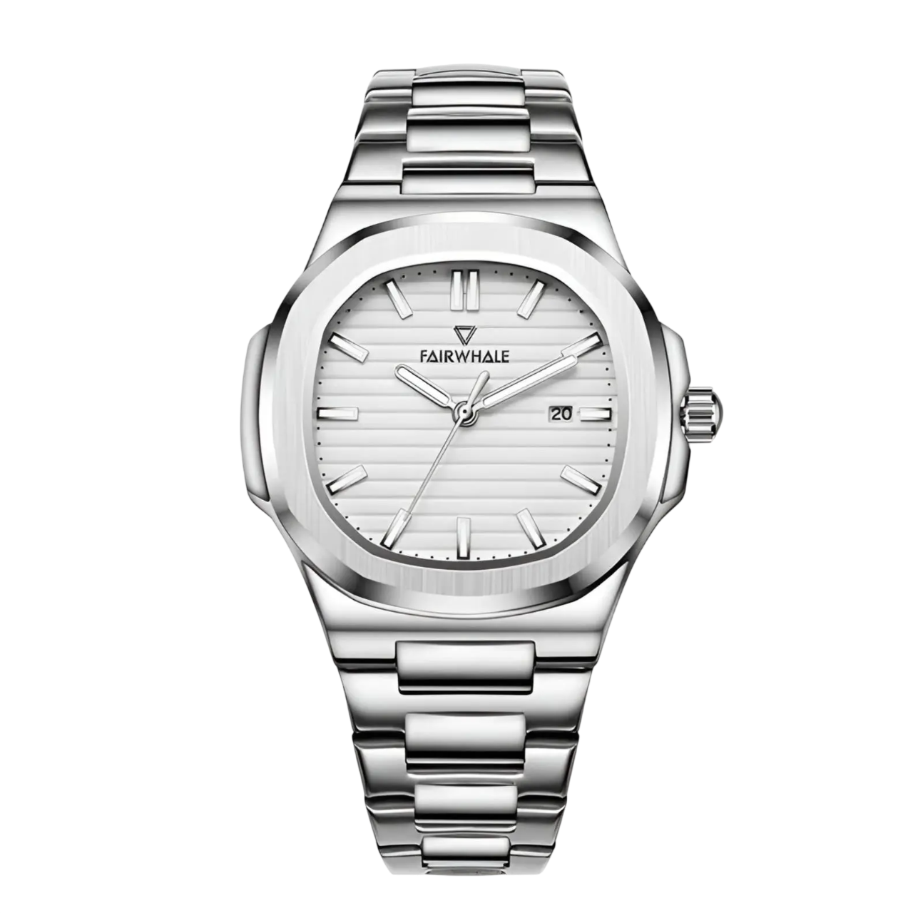 Silver watch with white face on a white background