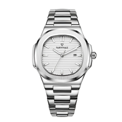 Silver watch with white face on a white background
