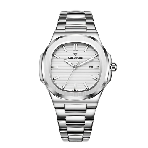 Silver watch with white face on a white background