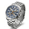 Silver watch with a blue face on a white background