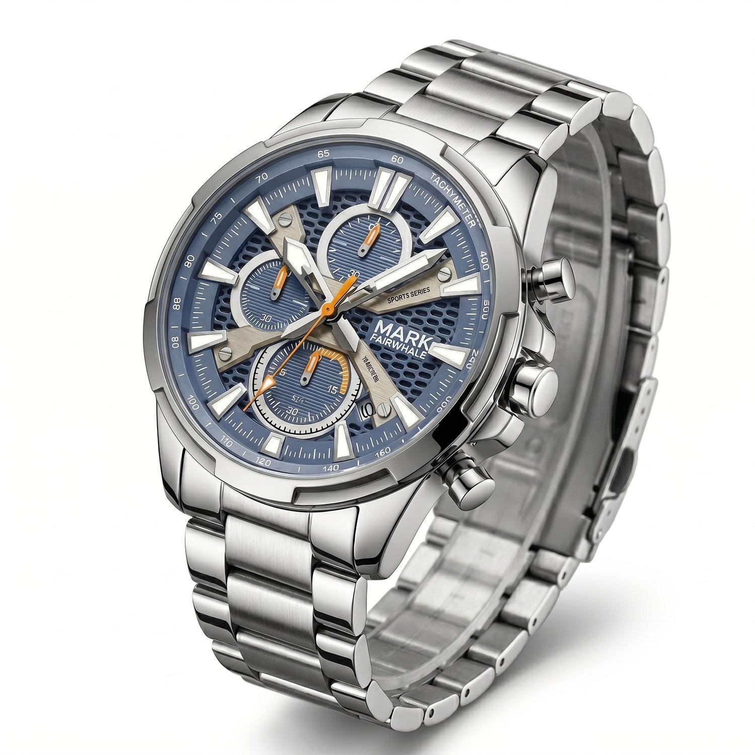 Silver watch with a blue face on a white background