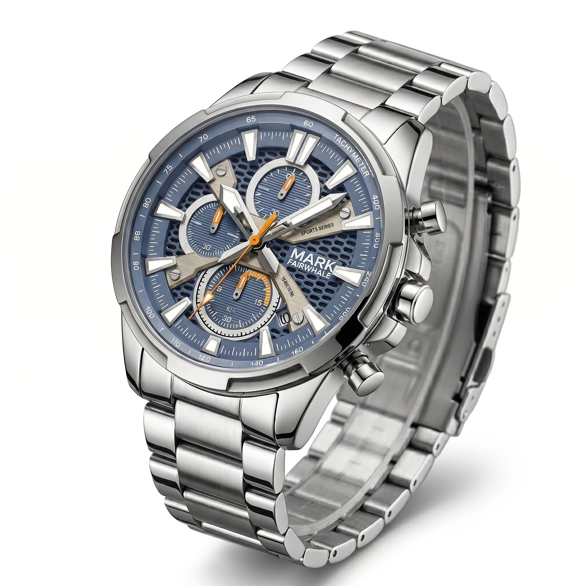 Silver watch with a blue face on a white background