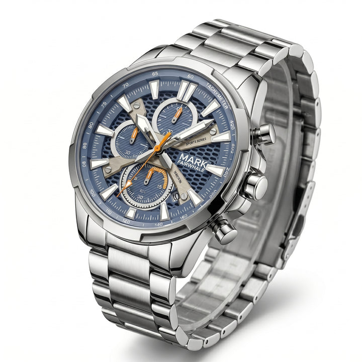 Silver watch with a blue face on a white background