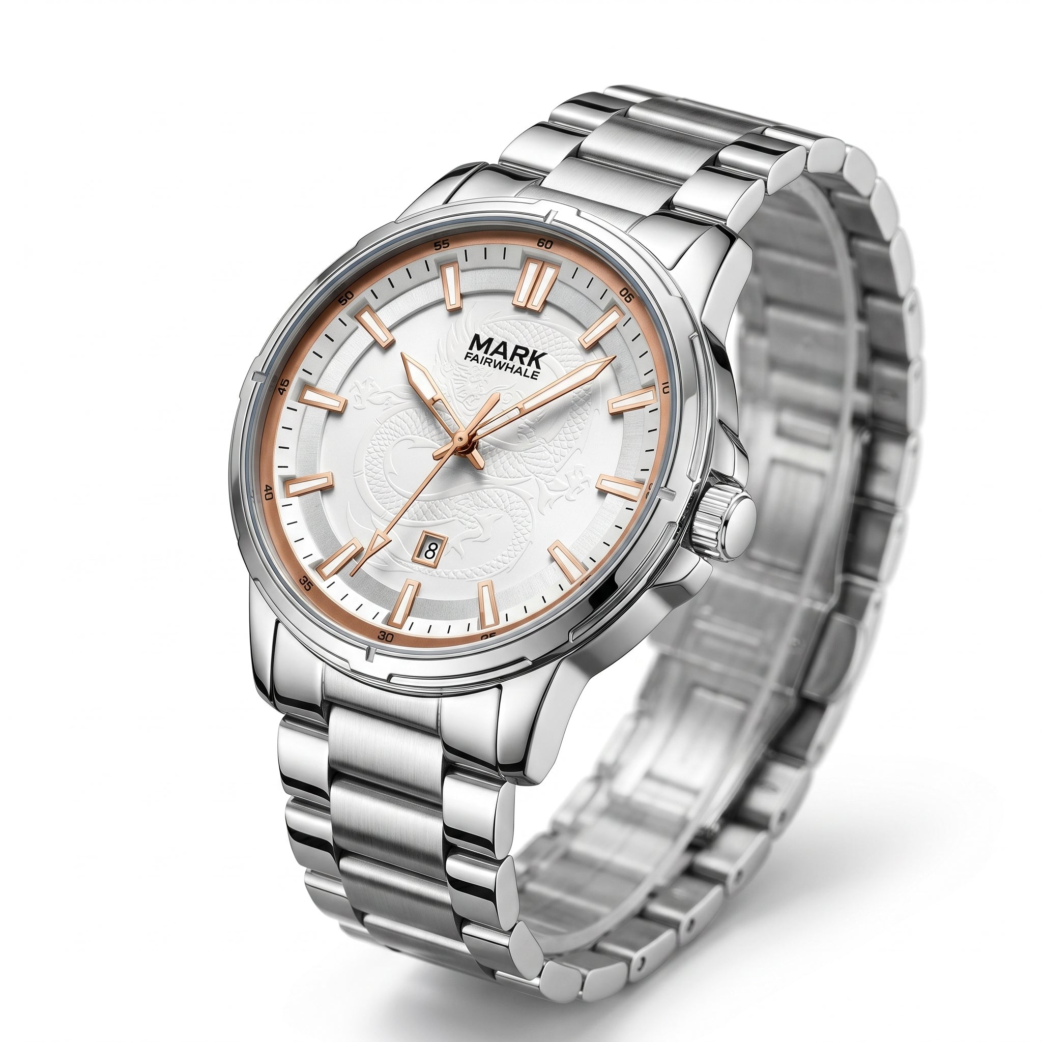 Silver watch with a white face on a white background