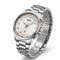 Silver watch with a white face on a white background