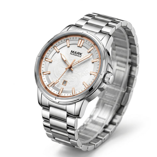 Silver watch with a white face on a white background