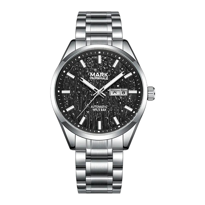 Silver wristwatch with black dial on a white background
