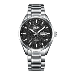 Silver wristwatch with black dial on a white background