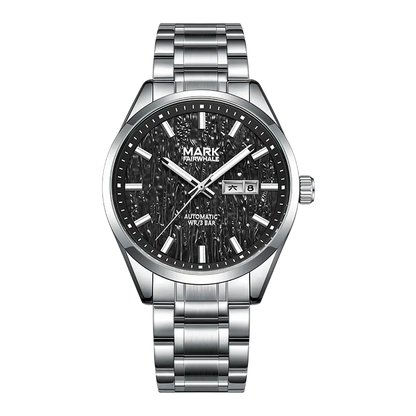 Silver wristwatch with black dial on a white background