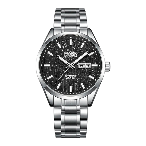 Silver wristwatch with black dial on a white background
