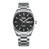 Silver wristwatch with black dial on a white background