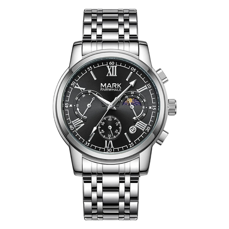 Silver wristwatch with a black dial on a white background
