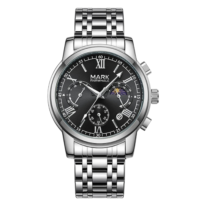 Silver wristwatch with a black dial on a white background