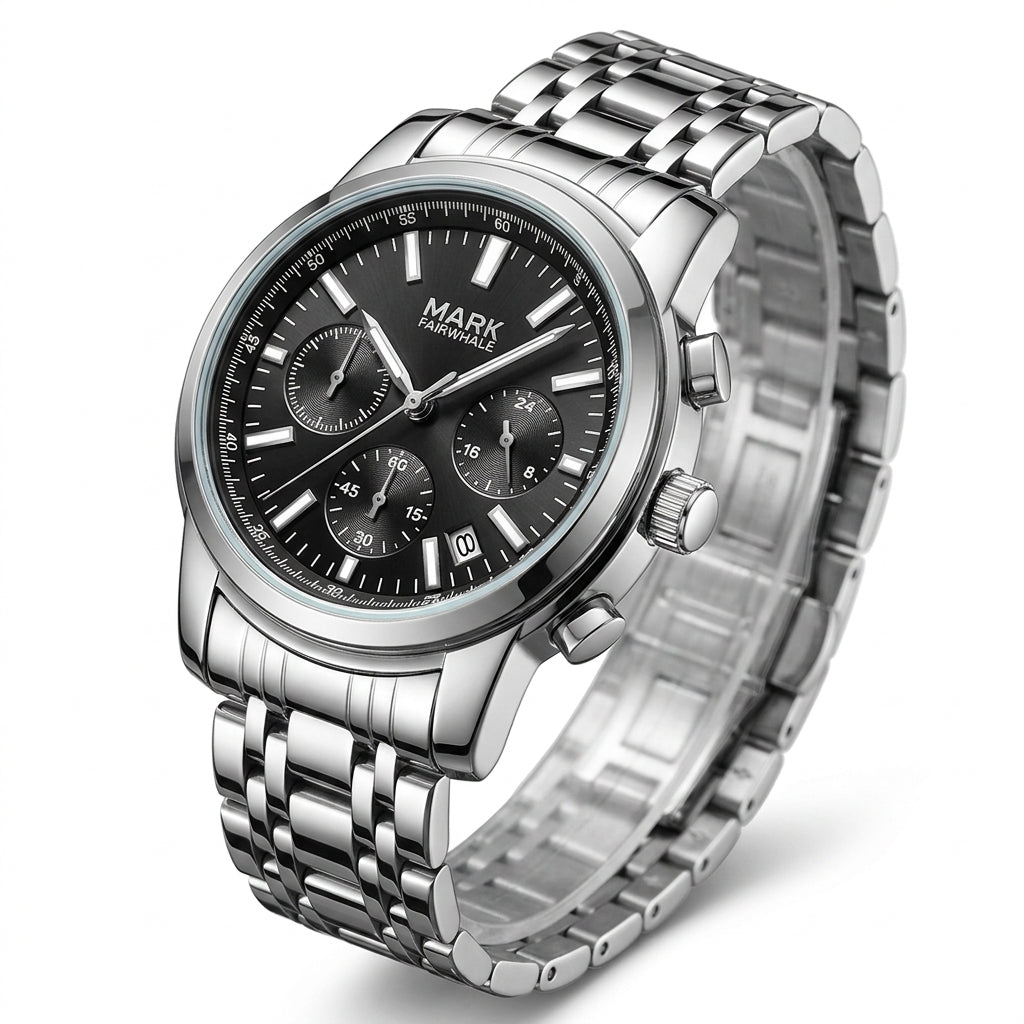Silver wristwatch with black dial on a white background