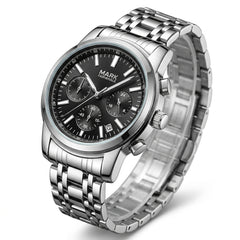 Silver wristwatch with black dial on a white background