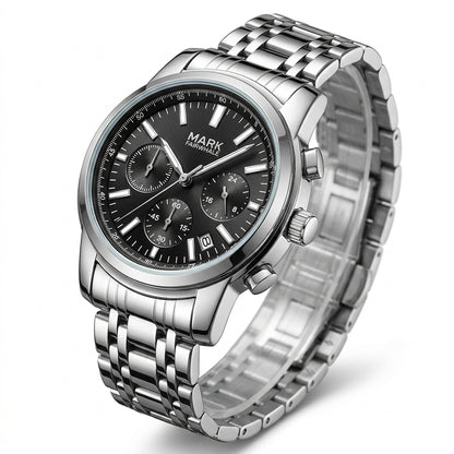 Silver wristwatch with black dial on a white background