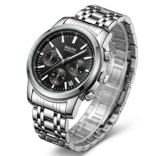 Silver wristwatch with black dial on a white background