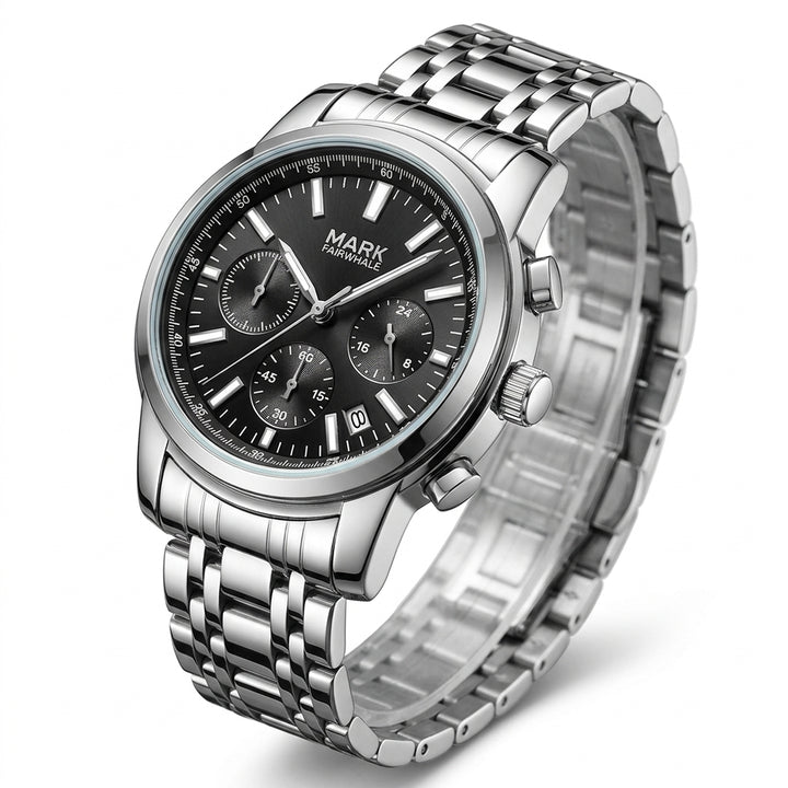Silver wristwatch with black dial on a white background