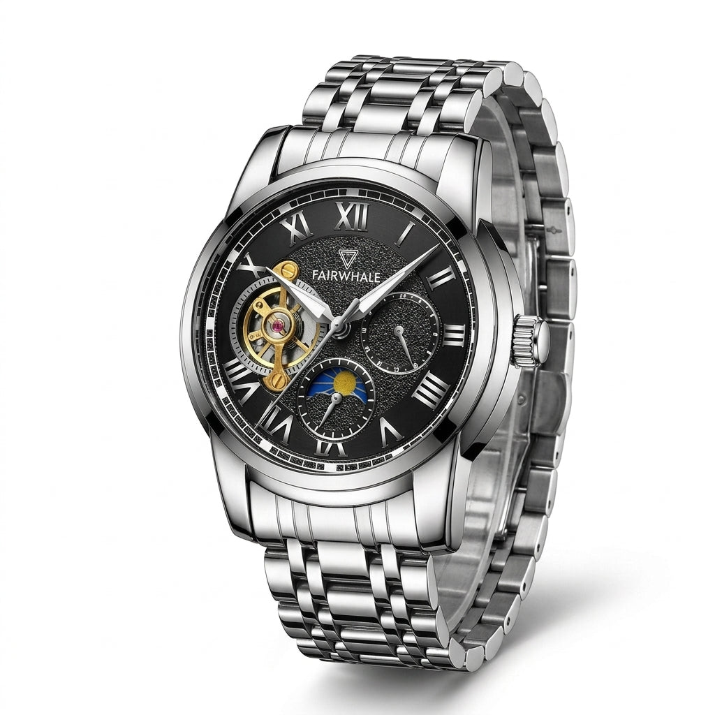 Silver wristwatch with black dial on a white background
