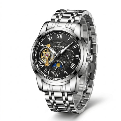 Silver wristwatch with black dial on a white background