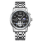Silver wristwatch with black dial on a white background