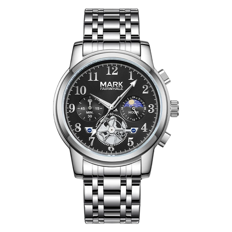 Silver wristwatch with black dial on a white background