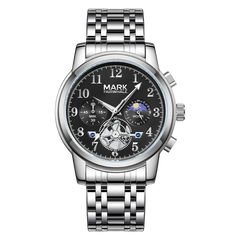 Silver wristwatch with black dial on a white background