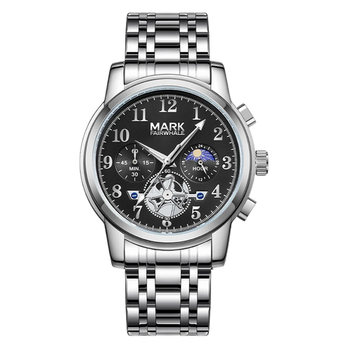 Silver wristwatch with black dial on a white background