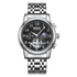 Silver wristwatch with black dial on a white background