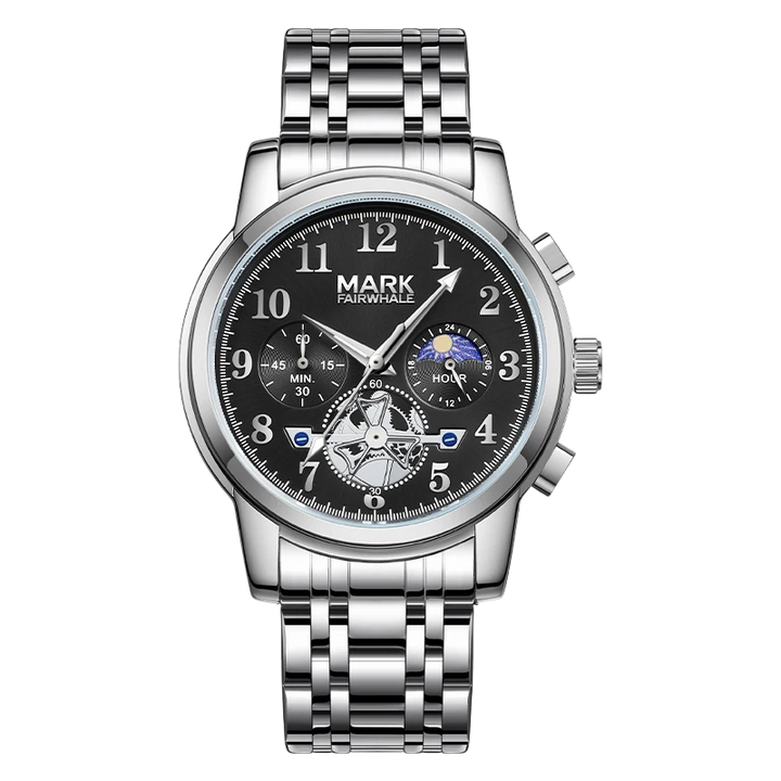 Silver wristwatch with black dial on a white background