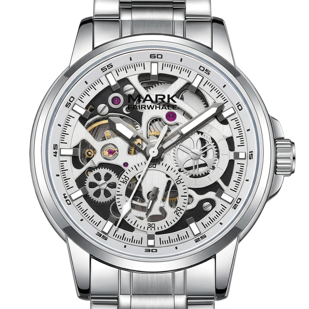 Silver wristwatch with visible mechanical components on a white background