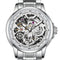 Silver wristwatch with visible mechanical components on a white background