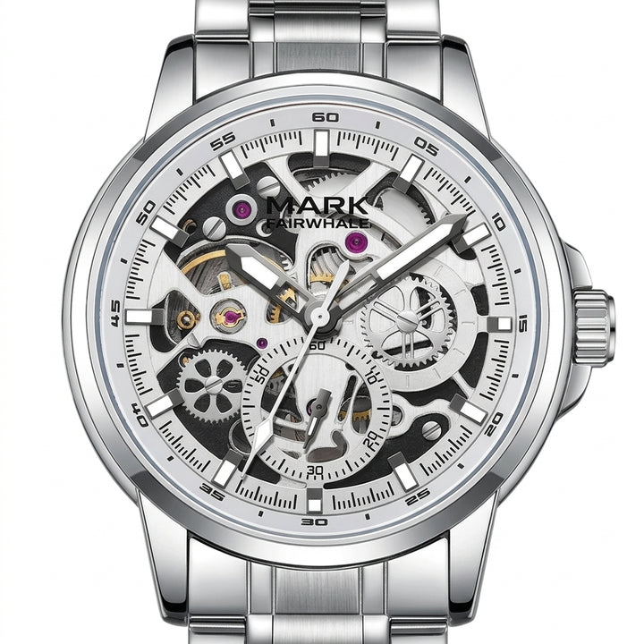 Silver wristwatch with visible mechanical components on a white background
