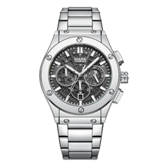 Silver wristwatch with a detailed face on a white background