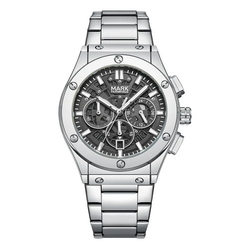 Silver wristwatch with a detailed face on a white background