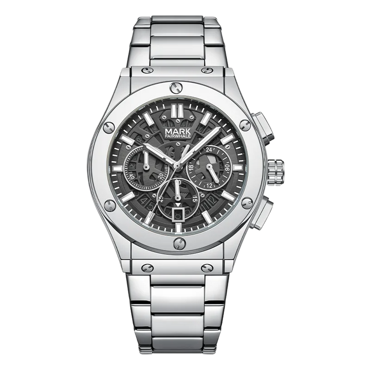 Silver wristwatch with a detailed face on a white background