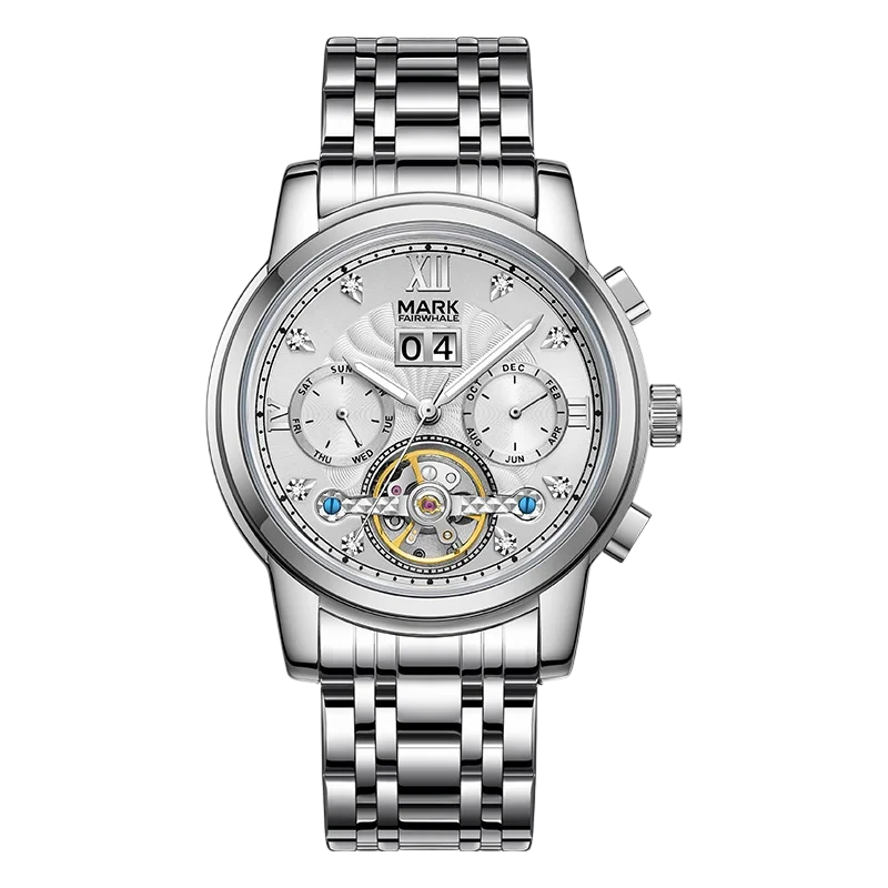 Silver wristwatch with detailed face on a white background