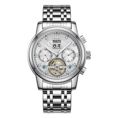 Silver wristwatch with detailed face on a white background