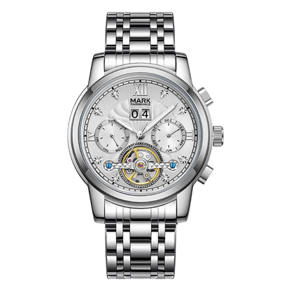 Silver wristwatch with detailed face on a white background