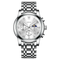 Silver wristwatch with detailed face on a white background