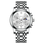 Silver wristwatch with detailed face on a white background